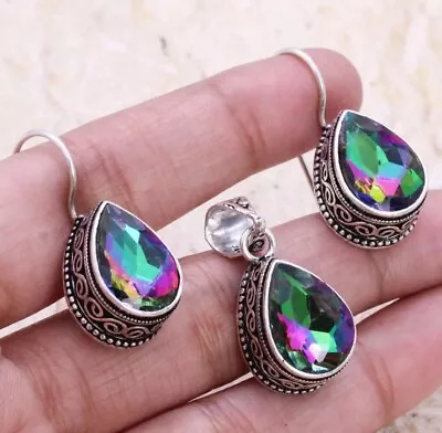 Natural  Mystic Topaz 925 Sterling Silver Pendant Earrings Set Handmade Antique • $24.99