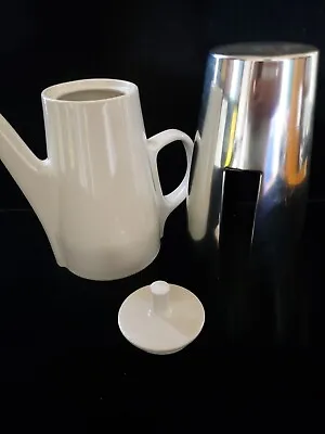 NICE Vintage Melitta Germany White Porcelain Tea/Coffee Pot Silver Thermal Cover • $44