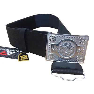 Leather Thistle Design Kilt Belt Black Scottish Chrome Finish Celtic Buckle  • $21.99