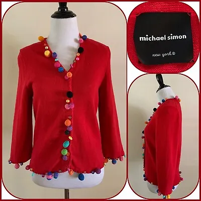 90s MICHAEL SIMON Cardigan SWEATER Pom Pom Ornaments Festive Beads S VTG • $50