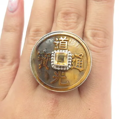 SAJEN 925 Sterling Silver Vintage Tiger Eye Citrine Chinese Coin Ring Size 8.25 • $106.99