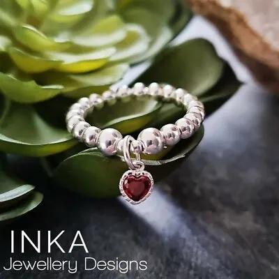 INKA Sterling Silver Stacking Stretch Ring Thumb Ring With Mini Red Heart Charm • £15