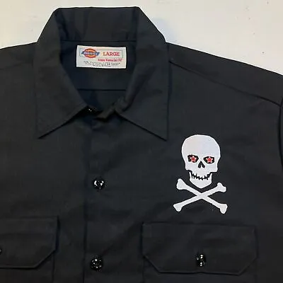 DICKIES SKULL & CROSS BONES PIT CREW EMBROIDERED MECHANIC WORK SHIRT Sz L Black  • $29.99