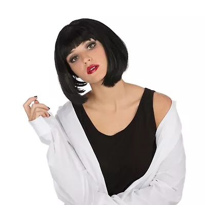 Adult Ladies Short Black Fancy Dress Bob Wig With Fringe Pulp Fiction Mia • £12.99