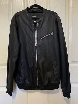 $25 • Buy PULL & BEAR Men’s Black Collarless Faux Leather Biker Jacket ~ Size Eur L Mex 40