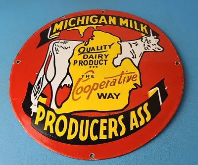 Vintage Michigan Milk Porcelain Gas Oil Service Station Dairy Pump Plate Sign • $144.47