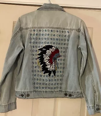 Vintage Women's Embroidered Denim Jacket Flowers Native War Bonnet Sz S • $35