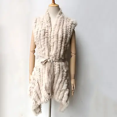 Women Striped Knitted Real Rabbit Fur Knitted Gilet With Belt Loose Fur Vest • £111.43