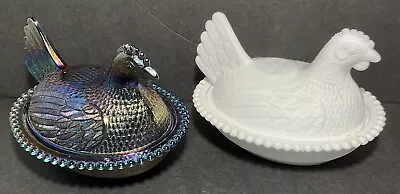 Vintage Hen On Nest Amber Iridescent Glass Or White Milk Glass - Choice - Preown • $24.95