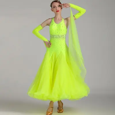 $145.23 • Buy Sequins Yellow Long Ballroom Dance Competition Dresses Gown Women Dance Costume