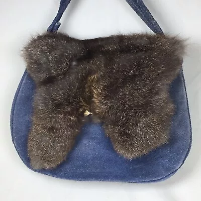 Vintage Women's Genuine Rabbit Fur Blue Leather Shoulder Bag Purse 80s • $24