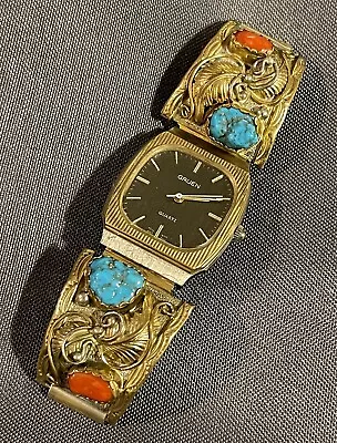 Vintage Native American Sterling W/ 12k GF Turquoise & Coral Watch Band • $189.50