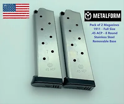 1911 Magazine 2 Pack 8 Round Stainless 45 ACP Auto Fits Colt Kimber Springfield • $37.99