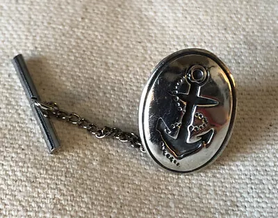 Vintage Designer Signed CW Sterling Silver Anchor Oval Tie Tack W/Safety Chain • $37