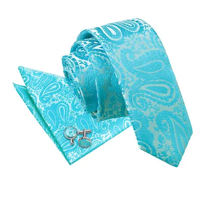 Mens Tie Hanky Cufflinks Set Floral Paisley Turquoise Classic Skinny By DQT • £7.99