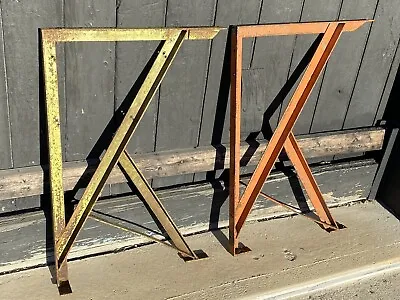 Pair Vintage INDUSTRIAL IRON LEGS STANDS 32 H ~ Work Station Table Workbench • $111.60