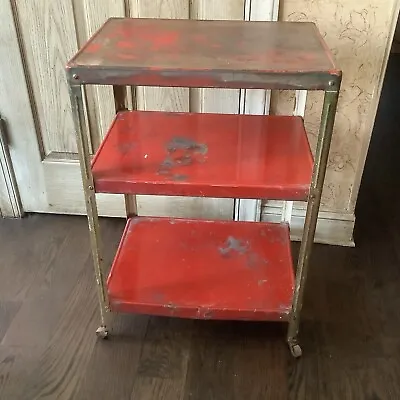 VTG MCM 3 Tier Cosco Metal Red & White Kitchen Garage Utility Rolling Cart • $100