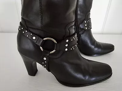 HARLEY DAVIDSON 'Julia' Black Leather Harness Studs Biker Boots Heels Size 7 38 • $89