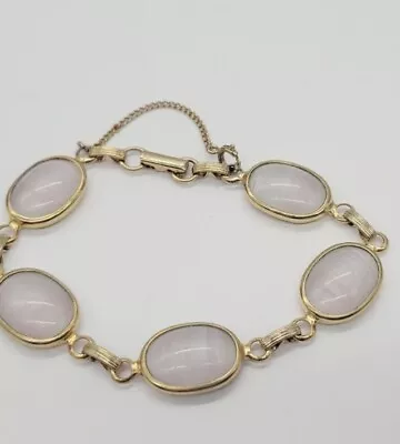 Vintage Monet Faux White Pink Moonstone Oval Cabachon Bracelet 7 In Gold Tone • $27.44