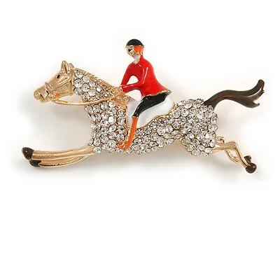 Crystal Racing Horse And Jockey Brooch In Gold Tone Metal - 55mm Across • £13