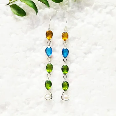 925 Sterling Silver Multi Stone Earrings Dangle Handmade Gemstone Jewelry • £54.24