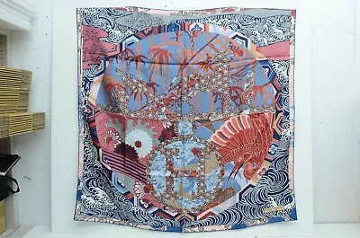$959.99 • Buy Authentic Hermes Silk Scarf Ex-Libris En Kimonos Blue Anamorphee 90cm Carre
