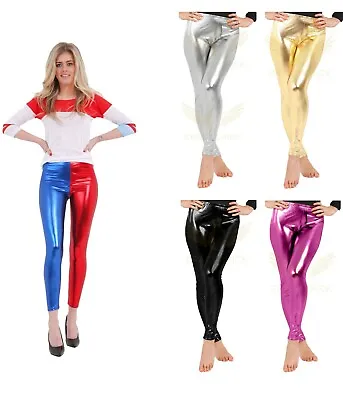 Womens Shiny Foil Metallic Leggings Disco Skinny Fit Wet Look Stretch Dancewear • £7.15