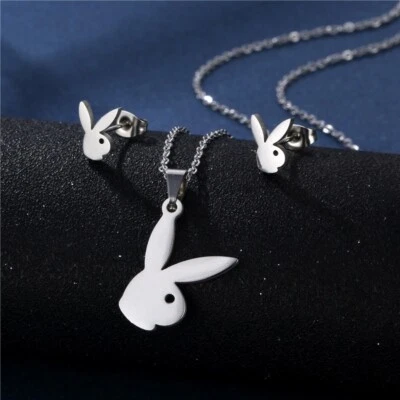 £5.99 • Buy Playboy Necklace & Earrings Set Ear Studs Silver Bunny Rabbit Pendant Chain Logo