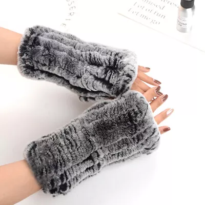 Women Real Rex Rabbit Fur Gloves Mittens Winter Fingerless Wrist Warmer Elastic • $18.99