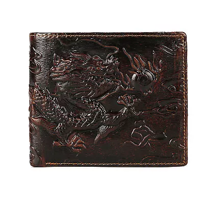 Dragon Brown Bifold Wallet Cow Genuine Leather Men Wallet Cowhide Travel Purse E • $10.56