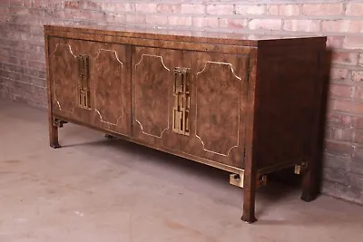 Mastercraft Hollywood Regency Burl Wood And Brass Sideboard Credenza 1970s • $4995