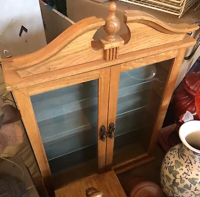 Cabinet Wall/Counter Oak Colonial 2Door Glass Shelves Vintage • $84.95