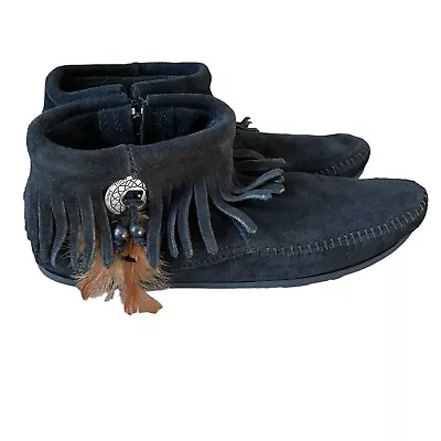 Minnetonka Concho Feather Western Bootie Size 8 Festival Leather Southwestern • $35