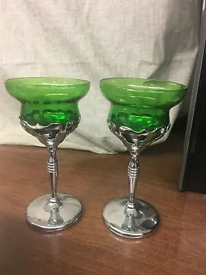 Pair Of Morgantown Forest Green & Chrome Wine Stems  • $13.46