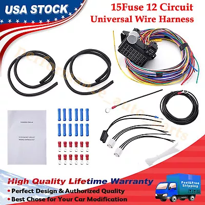 Universal 15 Fuse 12 Circuit Wire Harness Street Hot Rod Classic Cars Hot Rod US • $49.99