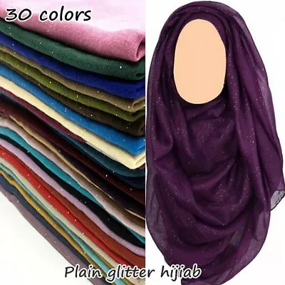 Women Ladies Glitter Maxi Hijab Plain Color Scarf Shimmer Glitter Muslim Shawl • £7.08