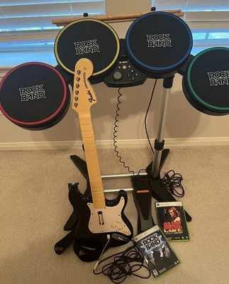 $200 • Buy Xbox 360 RockBand Wired Drums, Guitar, Pedal And 2 Games Bundle
