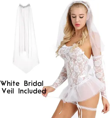 Women Sexy Bride Dress Costume For Halloween Ideas Fancy Dress With Veil Gloves • £35.93