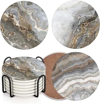 Coaster For Drinks Set Of 6 Grey Marble Golden Stone Agate Absorbent Round Ceram • $22.50