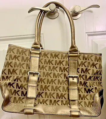 MICHAEL KORS Monogram Logo Fabric Tote Bag Metallic Trim Pre-owned Good Shape • $19.99