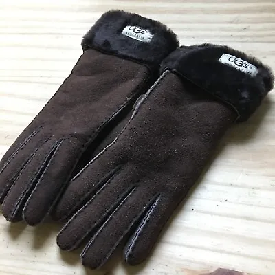 UGG Australia Shearling Turn Cuff Gloves - Chocolate Brown - Wrist Black Size S • $99.99