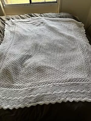 Large 100% Wool Handknitted Baby Blanket Never Used White So Soft Pram Throw • $28