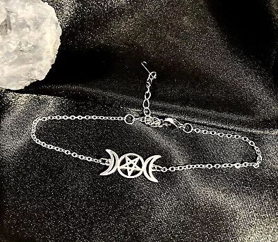 Triple Moon Bracelet Pentagram Wiccan Pagan Witch Silver Goddess Charm Gift 🖤 • £4.95