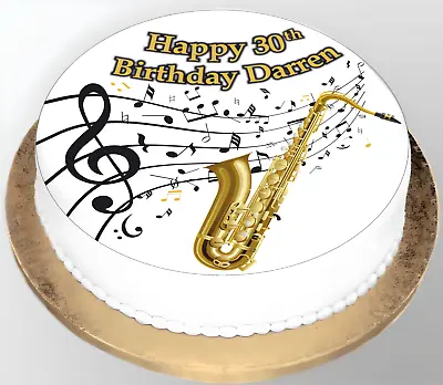 Saxophone & Notes Music Personalised Edible Icing Sheet / Cake Topper 6-8  Round • £6.49