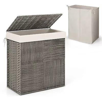 Hand-woven Rattan Laundry Hamper W/ Lid Removable Liner Bag 29-Gallon 2-Section • $49.98