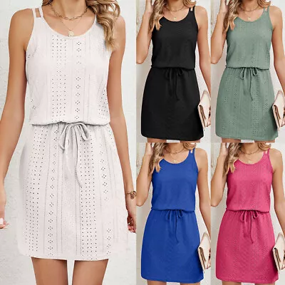 Holiday Women Casual Drawstring Waist Mini Dress Loose Sleeveless Beach Dress • £10.29