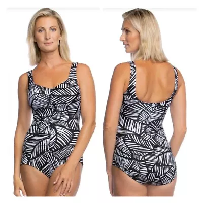 Maxine Of Hollywood Black & White Palm Leaf One-Piece Shirred Swimsuit 14 NWT • $31.50