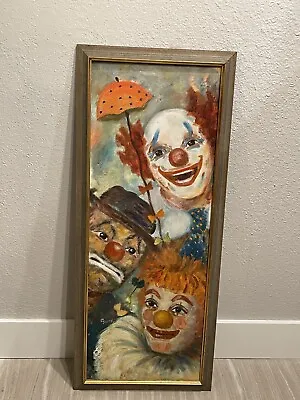 Oil Painting On Canvas  Clown  Art Signed By Artist. Framed. Vintage Mid 1900’s. • $129