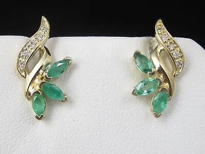 Emerald Diamond Earrings Marquise Estate 14K Yellow Gold Post Pierced • $395
