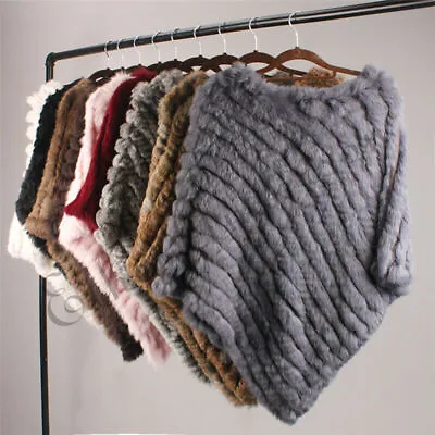 Genuine Real Farm Rabbit Fur Poncho Vogue Vest Wrap Coat Shawl Design Knitted NE • $25.99